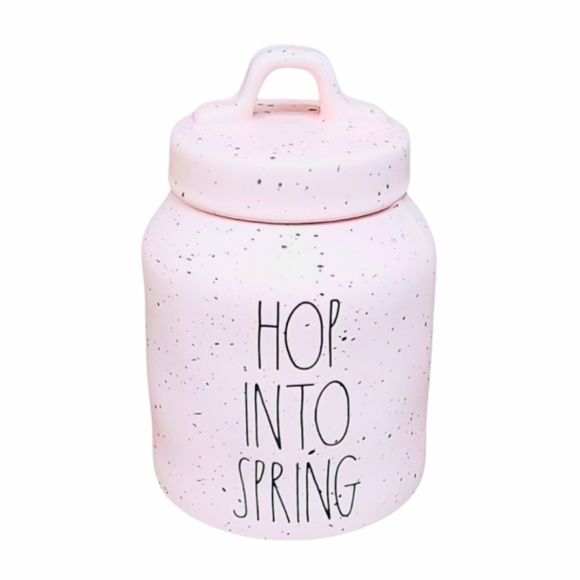 NEW Rae Dunn HOP INTO SPRING  Speckled Pink Canister/Cookie Jar - Picture 1 of 4